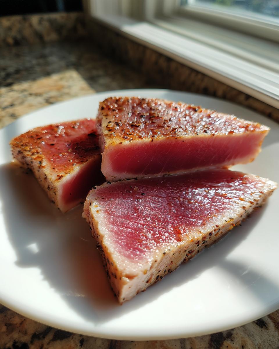Three slices of seared tuna steak showing a rare, deep red center, perfect for a MARINADE FOR TUNA STEAK recipe.