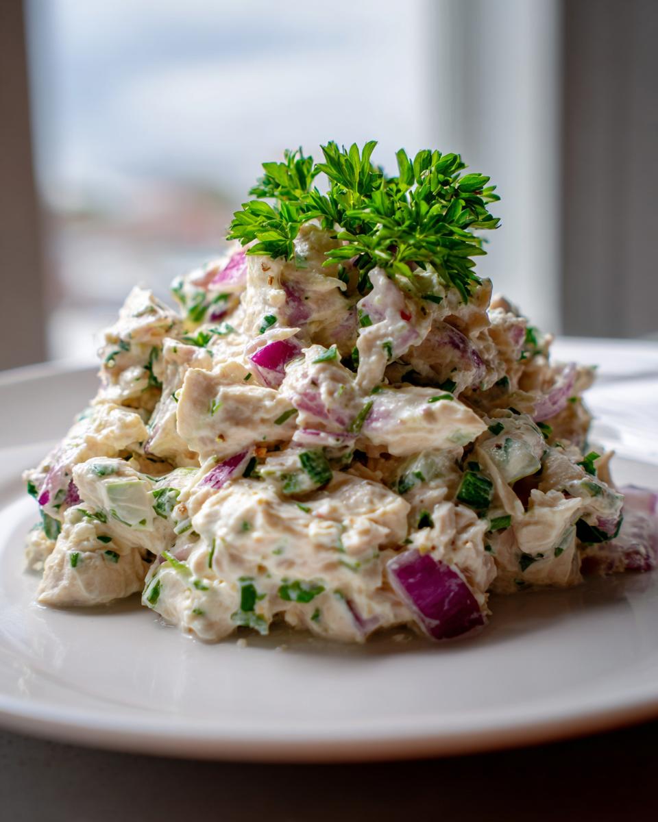 A mound of creamy greek yogurt chicken salad mixed with red onion and herbs, garnished with parsley.