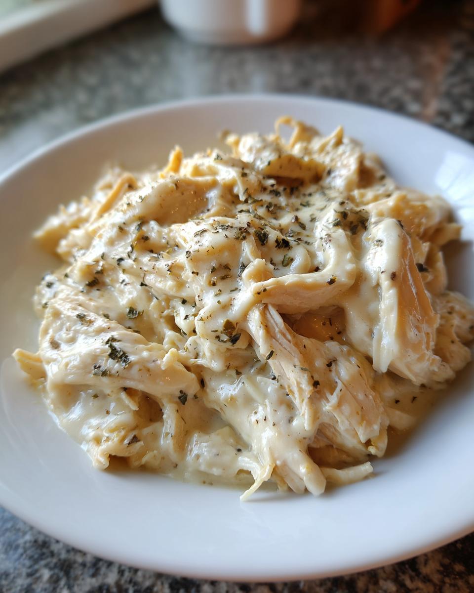 A close-up of shredded slow cooker garlic parmesan chicken coated in a creamy white sauce and sprinkled with dried herbs.