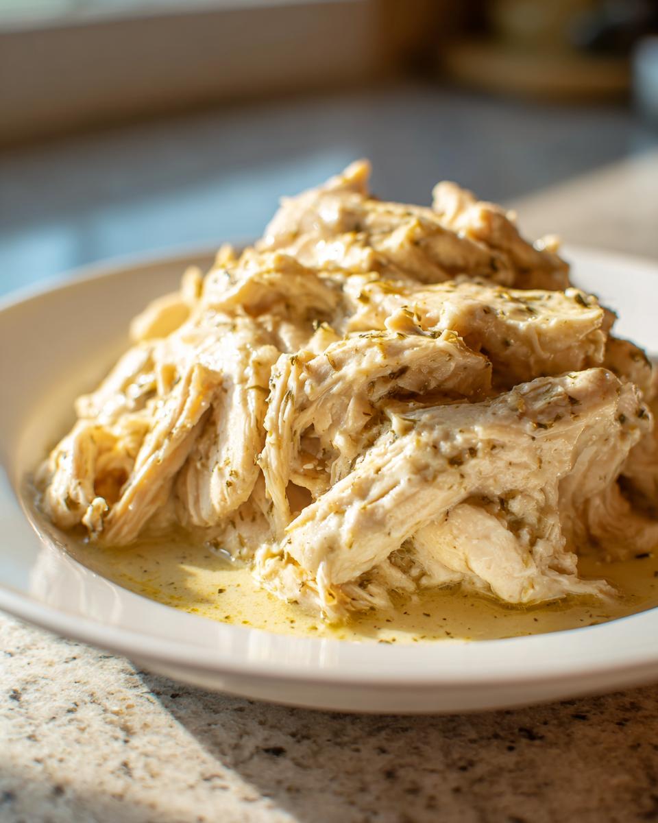 A close-up of shredded slow cooker garlic parmesan chicken piled high in a white bowl with creamy sauce.