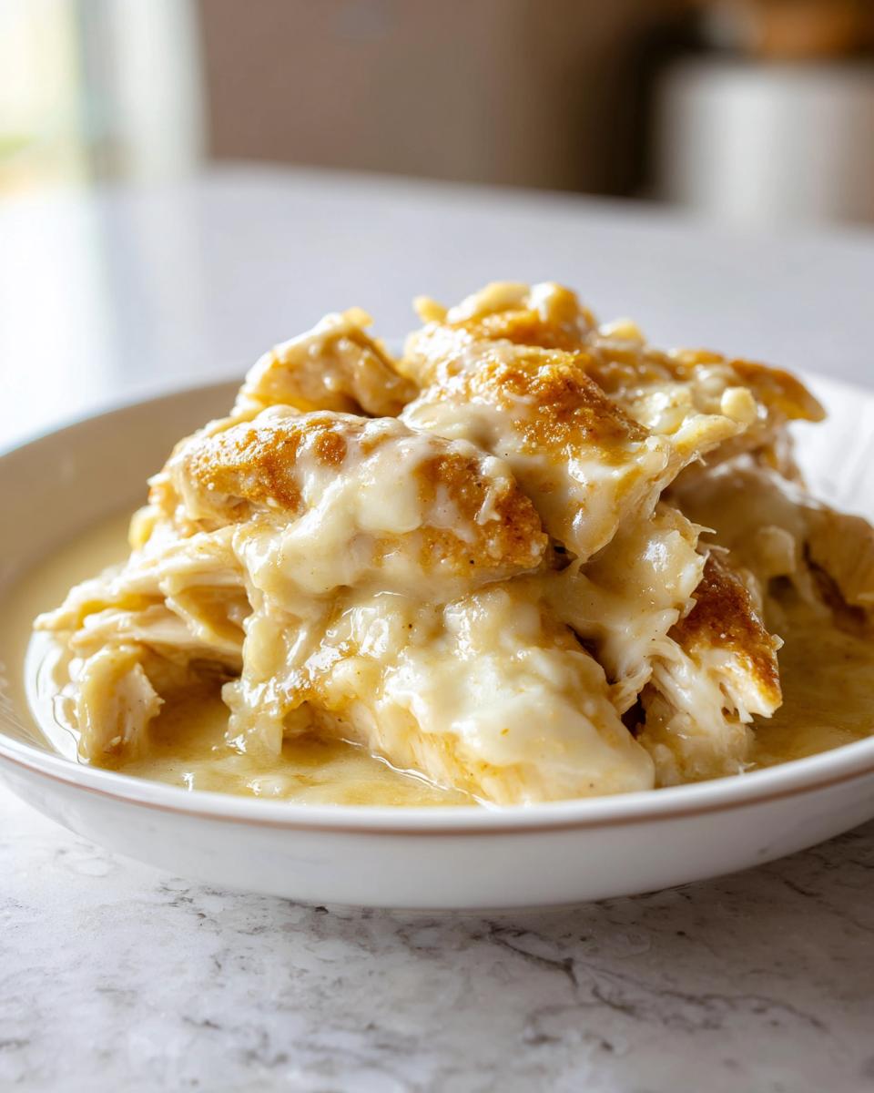 Close-up of shredded slow cooker garlic parmesan chicken smothered in creamy white sauce in a white bowl.