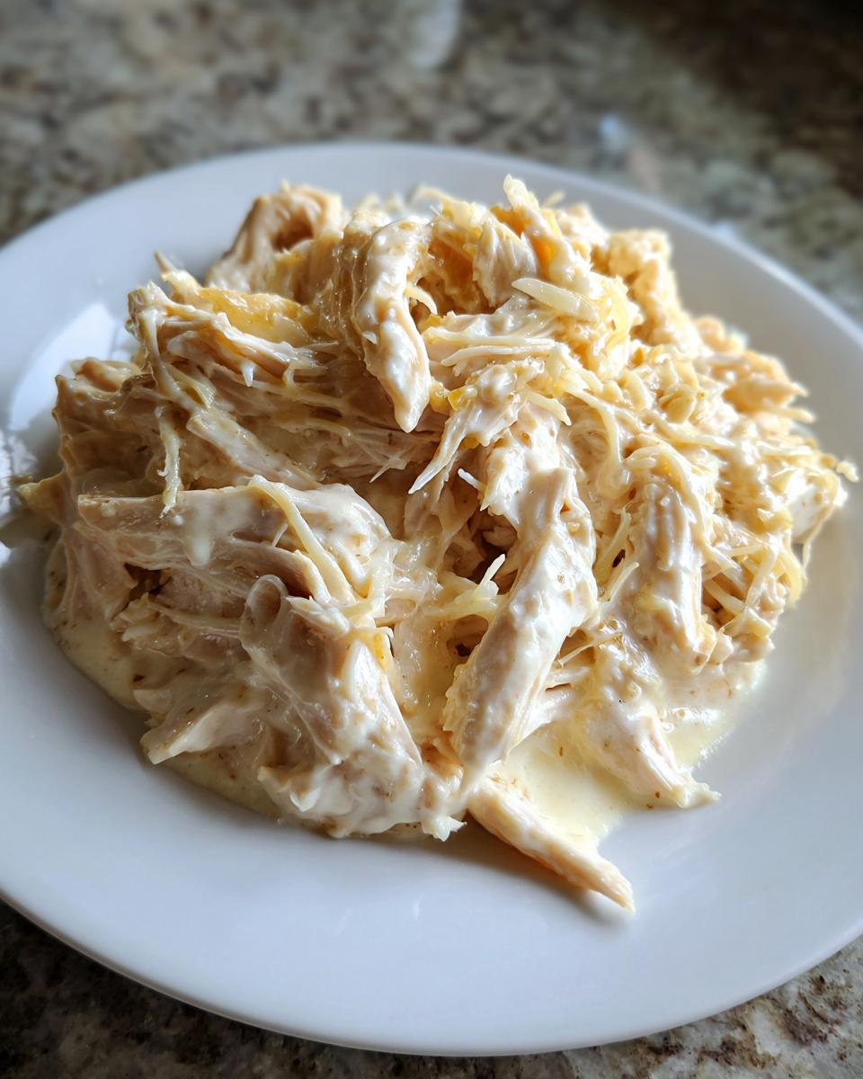Close-up of shredded slow cooker garlic parmesan chicken coated in a creamy, cheesy sauce, served on a white plate.