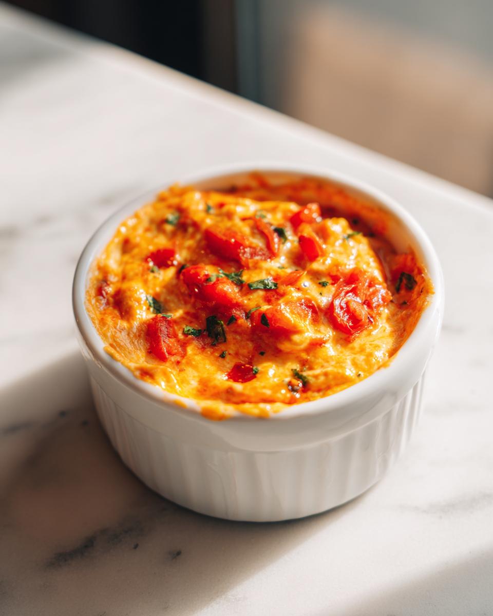 Close-up of a small, baked serving of cheesy rotel dip topped with diced tomatoes and herbs in a white ramekin.