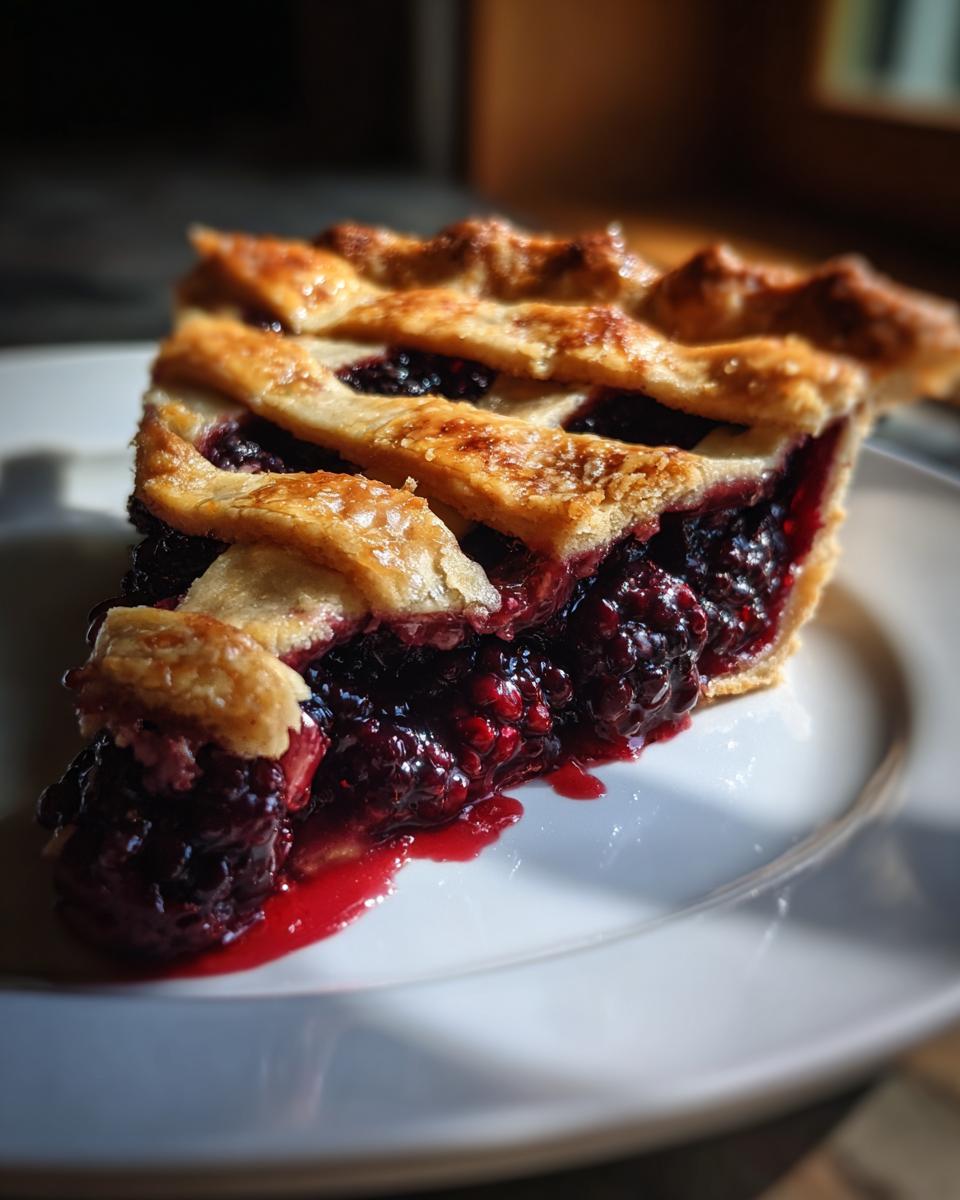 Close-up of a juicy slice of blackberry pie featuring a golden lattice crust and oozing berry filling.