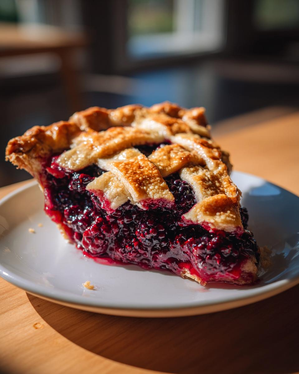 A close-up of a juicy slice of blackberry pie featuring a golden lattice crust, served on a white plate.