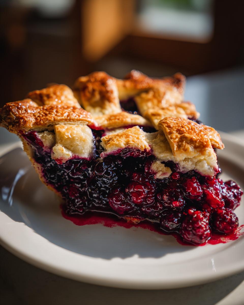 Close-up of a rich slice of blackberry pie showing a thick, juicy filling and golden lattice crust.