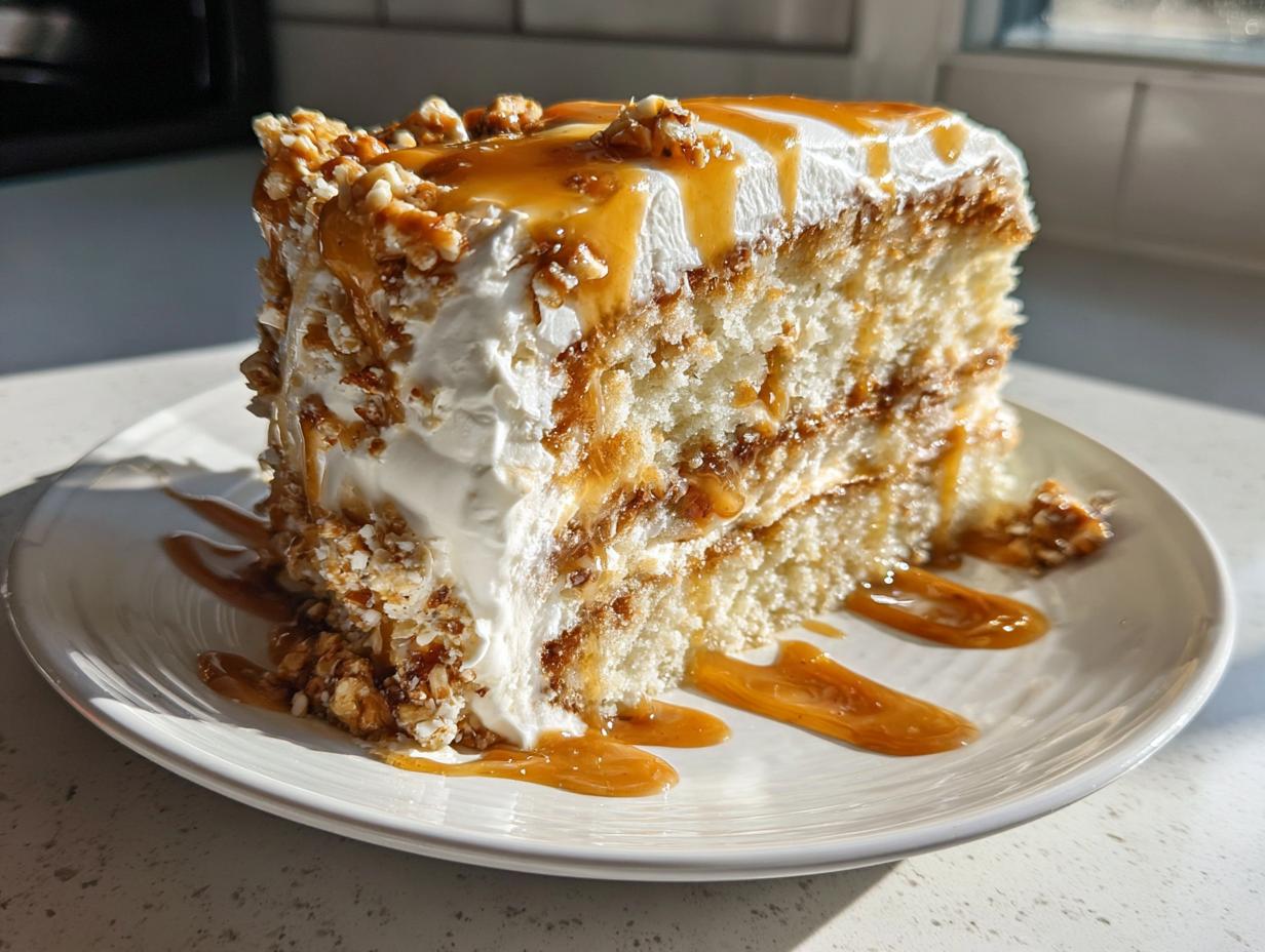 A tall slice of caramel crunch cake featuring layers of white cake, cream, and caramel drizzle, topped with nuts.