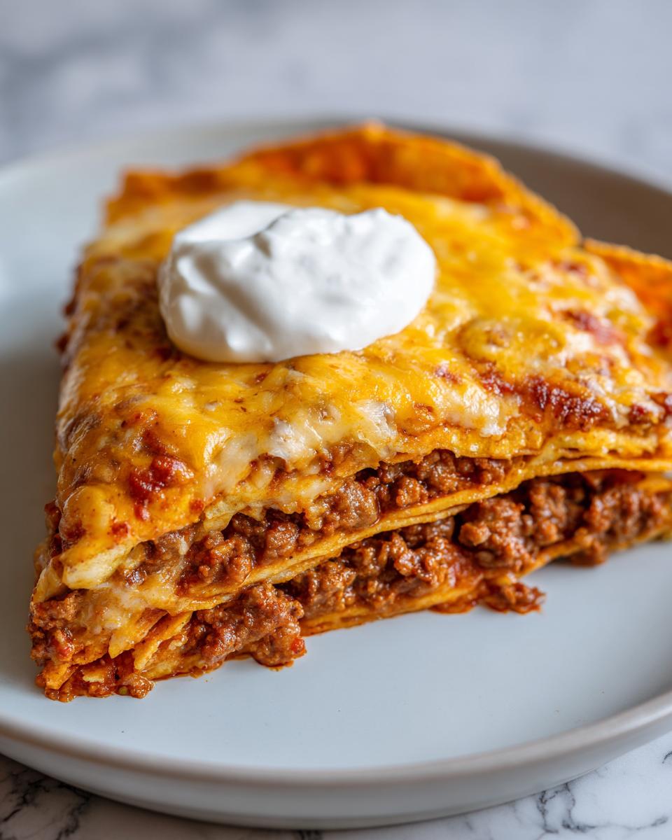 A close-up of a layered slice of Dorito Casserole topped with melted cheese and a dollop of sour cream.