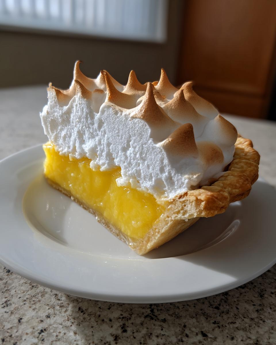 A perfect slice of lemon meringue pie showing bright yellow filling and tall, toasted meringue peaks.