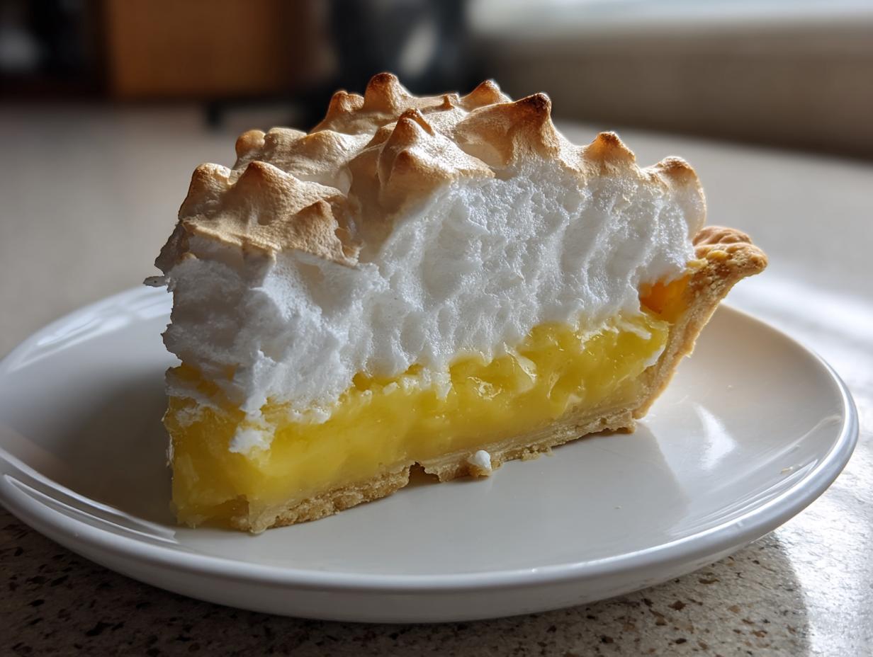 A close-up of a thick slice of lemon meringue pie showing bright yellow filling and toasted meringue peaks.