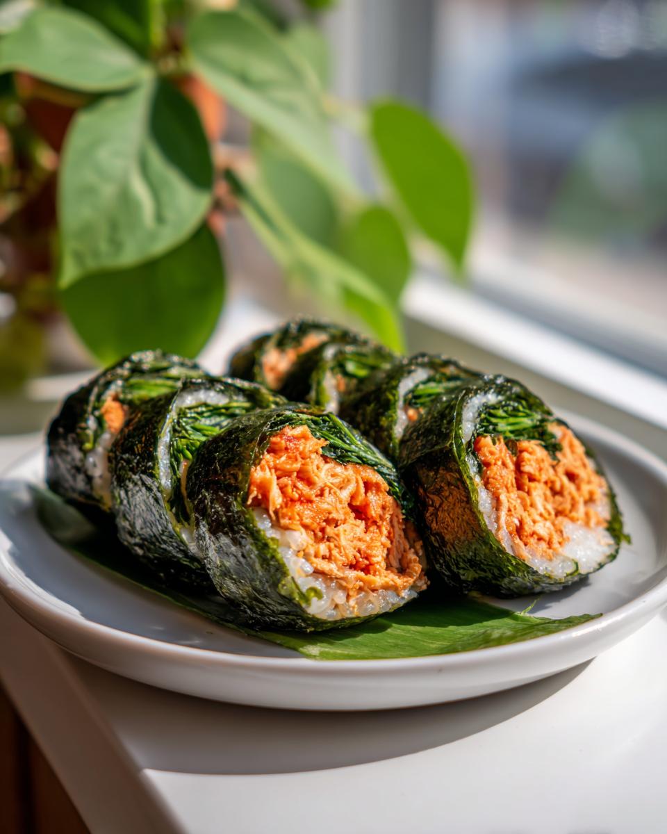 Four slices of vibrant tuna kimbap, featuring seasoned orange tuna filling and green vegetables wrapped in seaweed and rice.