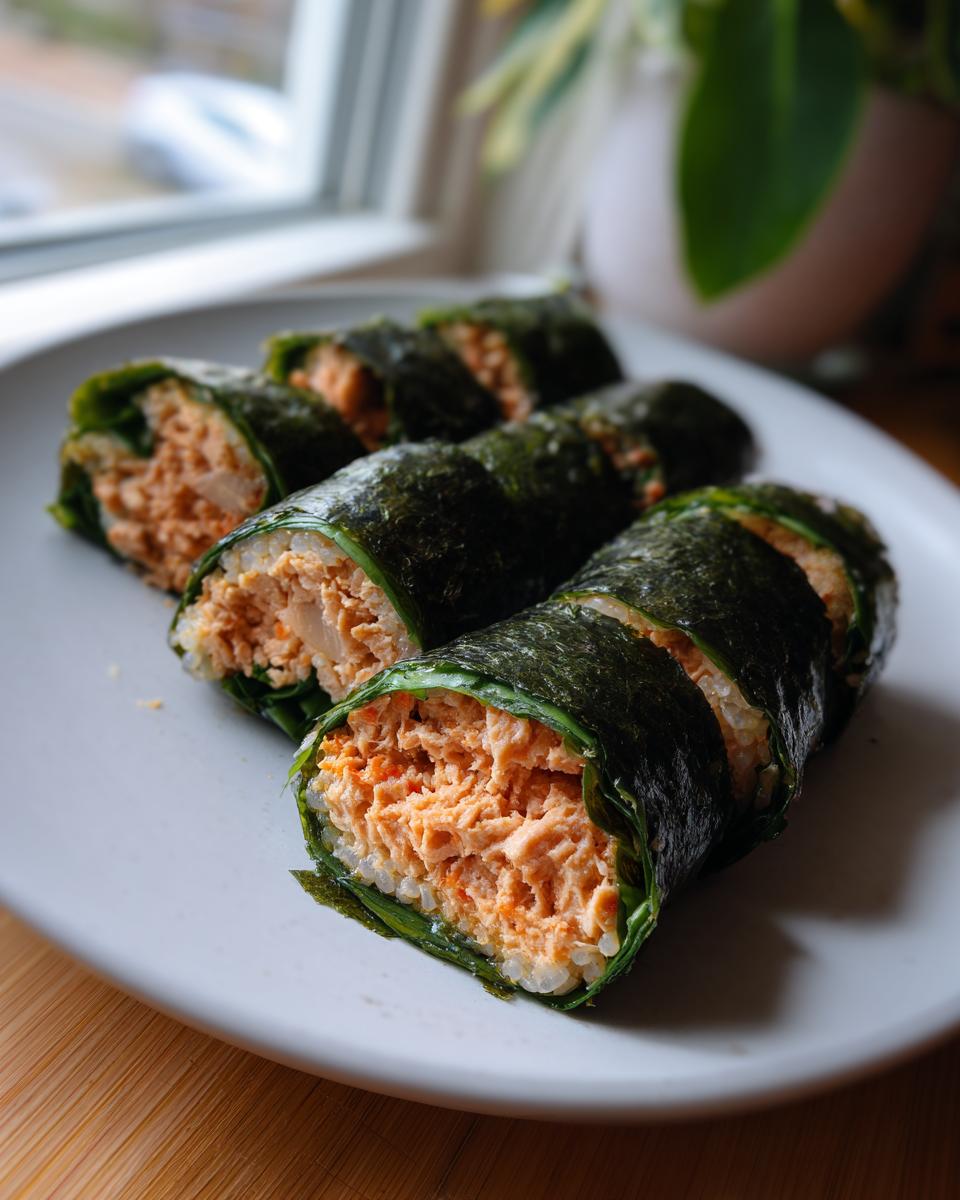 Close-up of several slices of tuna kimbap wrapped in seaweed, showing the creamy tuna filling.