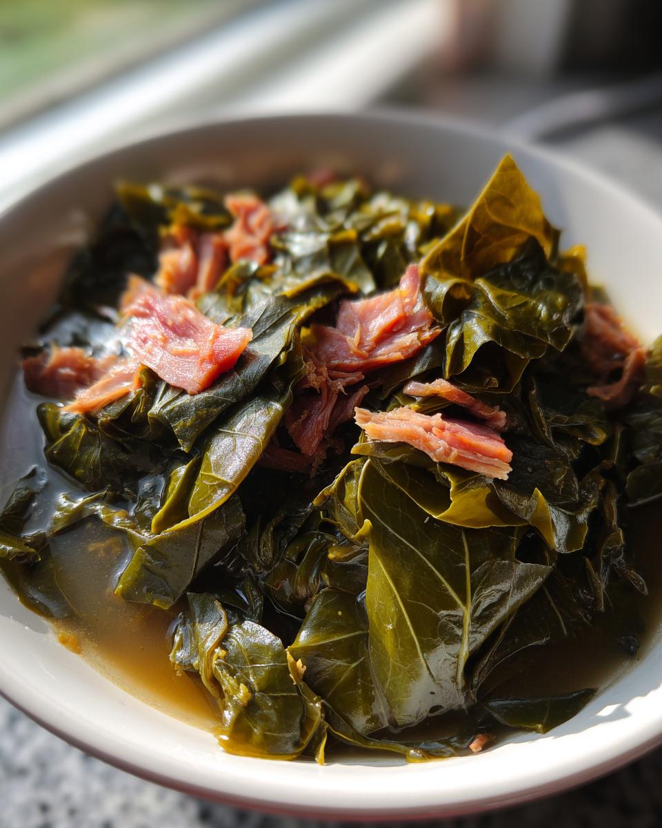 Close-up of tender, cooked collard greens served in a white bowl with pieces of smoked ham.