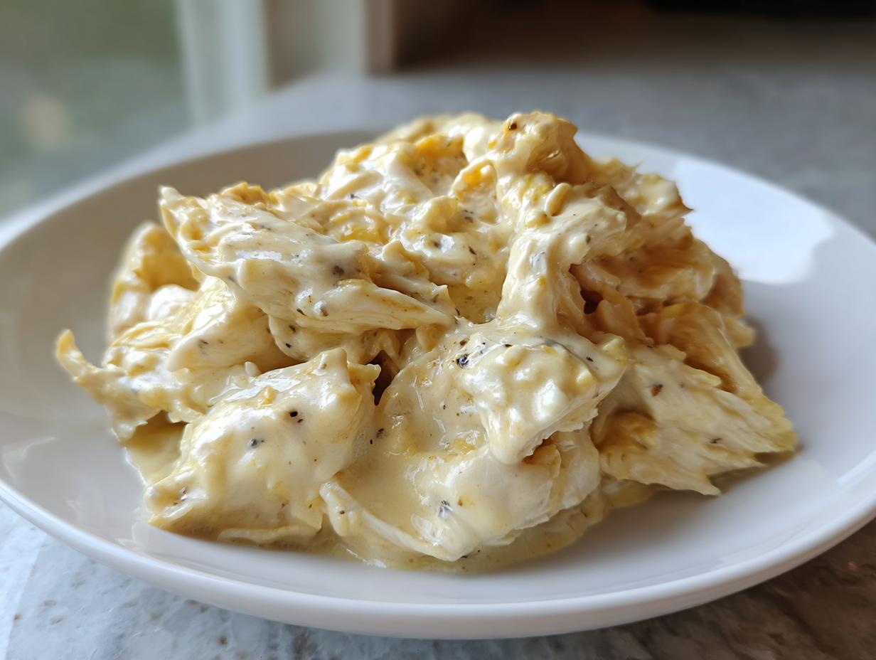 Shredded chicken coated in a rich, creamy Parmesan sauce, ready to serve as slow cooker garlic parmesan chicken.