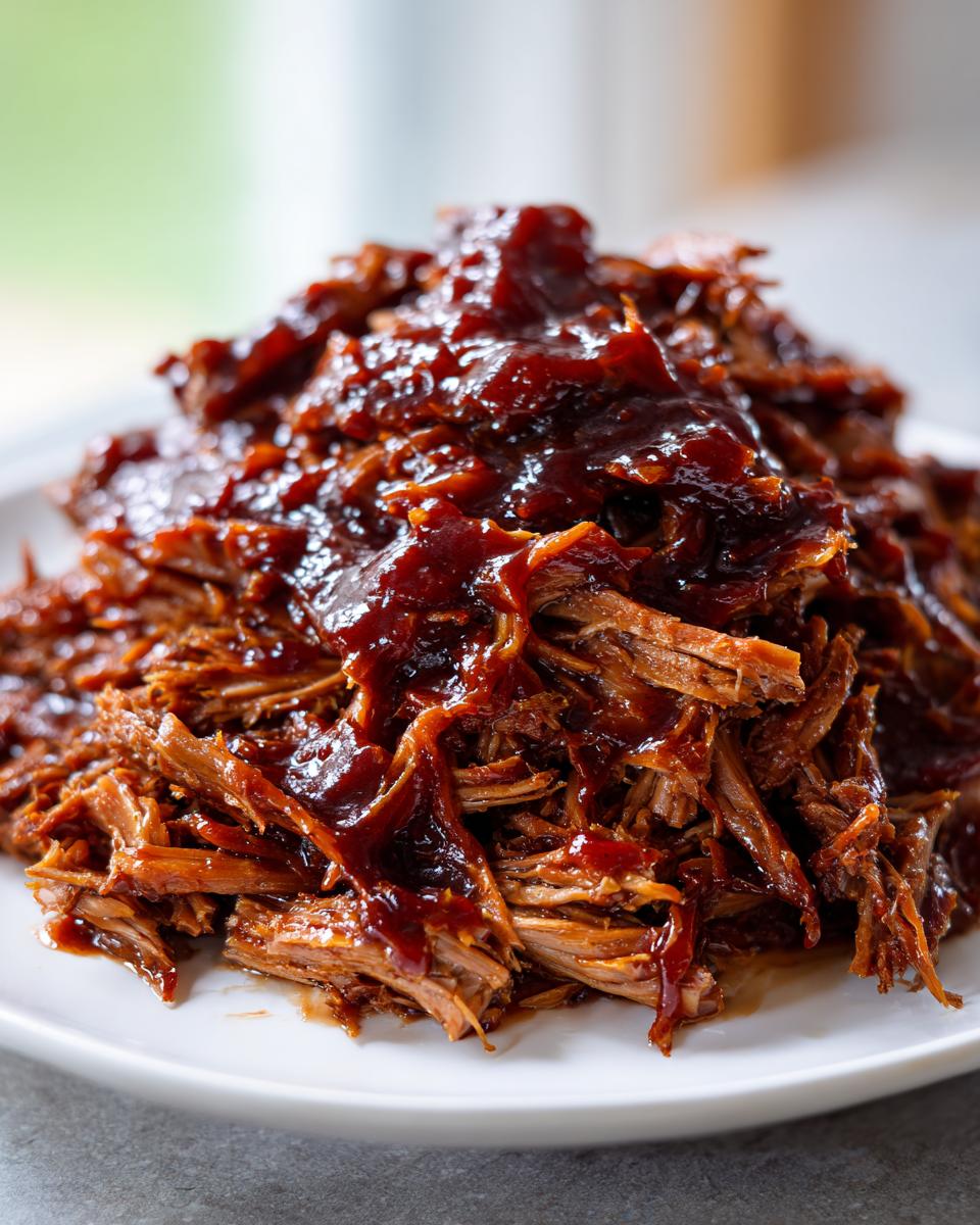 Close-up of tender, shredded Slow Cooker Pulled Pork piled high and generously coated in dark, glossy BBQ sauce.