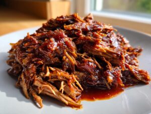 A close-up of rich, saucy Slow Cooker Pulled Pork piled high on a white plate, glistening under natural light.