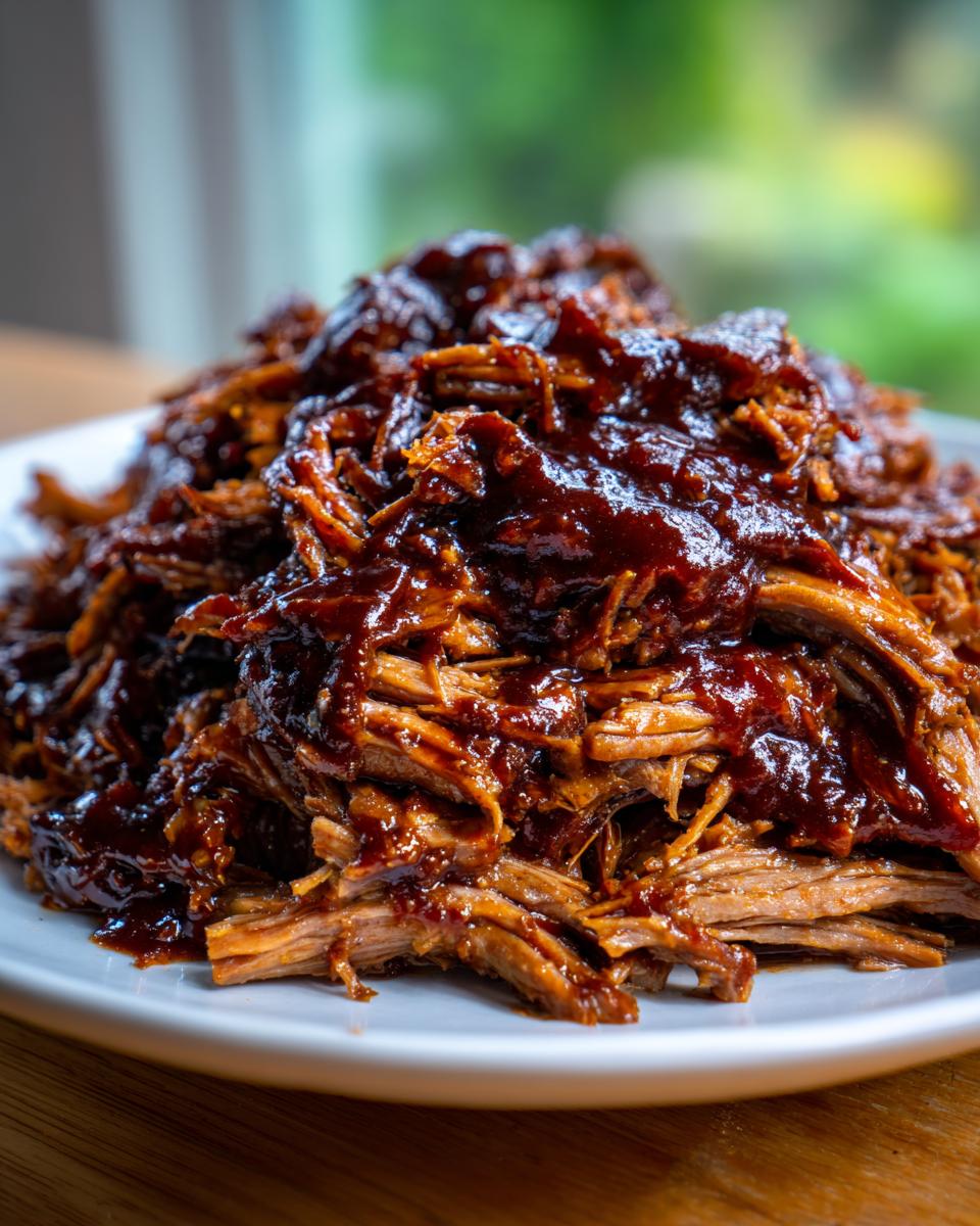 A close-up of shredded, saucy Slow Cooker Pulled Pork piled high on a white plate.