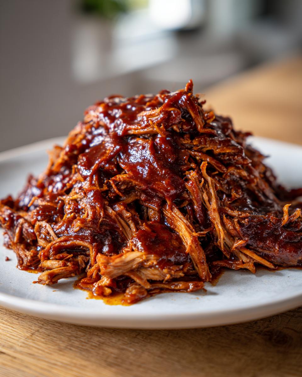 A close-up of a mound of saucy, shredded Slow Cooker Pulled Pork piled high on a light-colored plate.