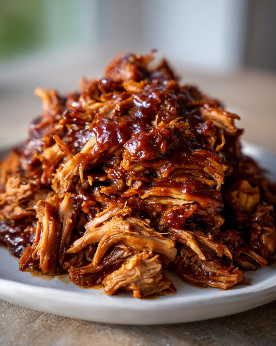 Close-up of a generous mound of saucy, shredded Slow Cooker Pulled Pork piled high on a white plate.