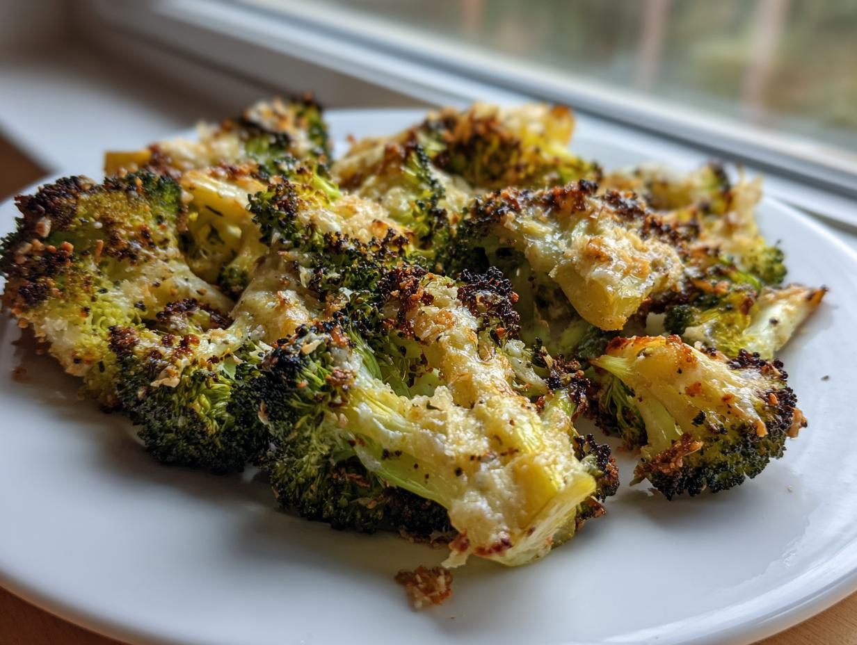 Close-up of perfectly roasted and smashed broccoli florets topped with melted, crispy cheese.