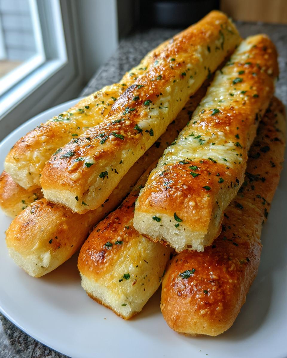 A stack of golden brown, soft breadsticks topped with melted cheese and parsley, ready to eat.