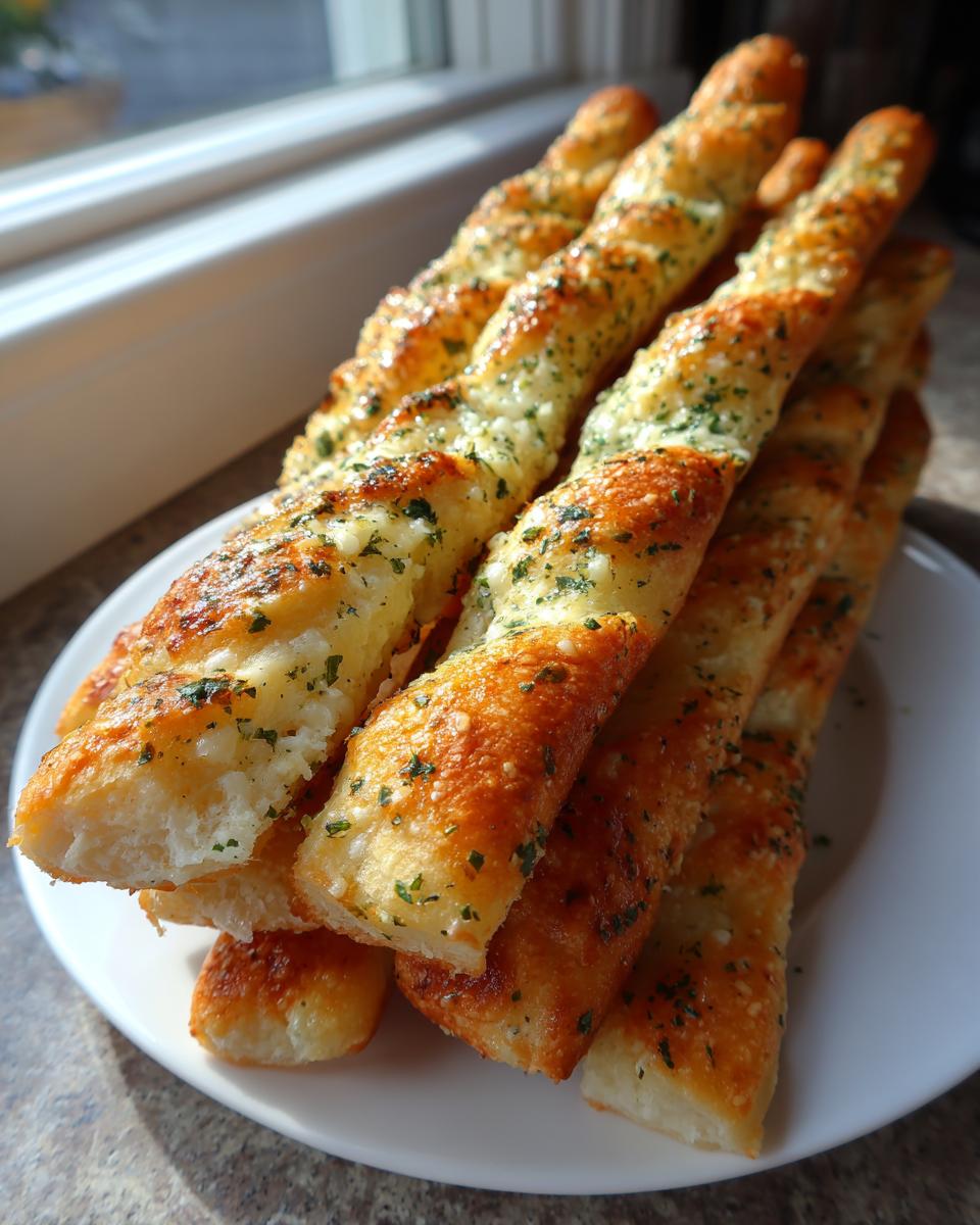 A stack of golden brown, soft breadsticks topped with melted cheese and chopped parsley, sitting on a white plate.