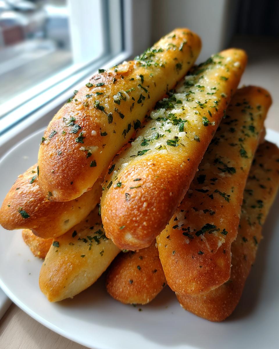A close-up stack of golden brown, soft breadsticks seasoned with garlic and sprinkled with fresh parsley.
