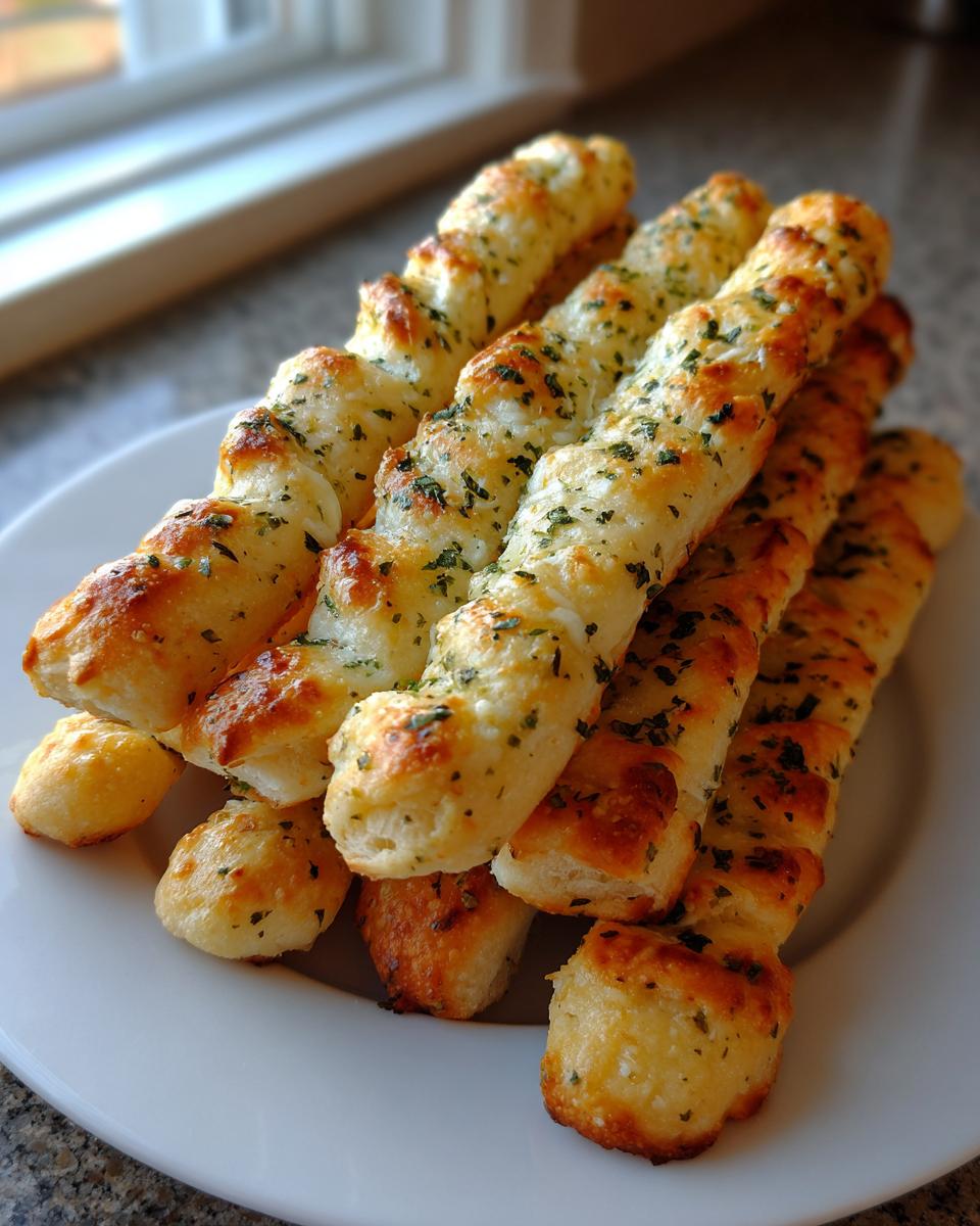 A stack of golden brown, soft breadsticks seasoned with garlic and parsley, resting on a white plate.