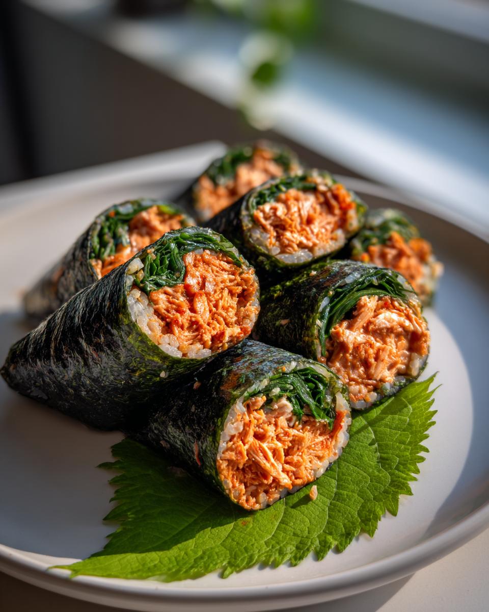 Several pieces of spicy tuna kimbap, featuring rice, seasoned tuna filling, and greens wrapped in nori, served on a white plate.