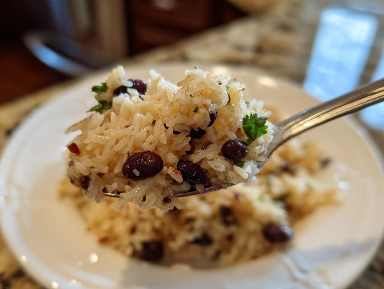 A close-up shot of a spoonful of fluffy rice mixed with dark black beans and fresh parsley, part of the amazing black beans and rice dish.