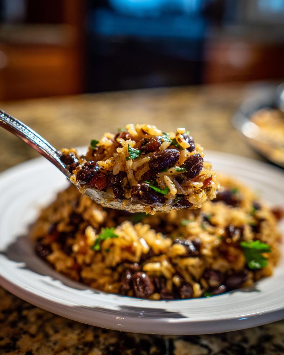 A spoonful of flavorful black beans and rice, garnished with cilantro, lifted above a plate of the main dish.