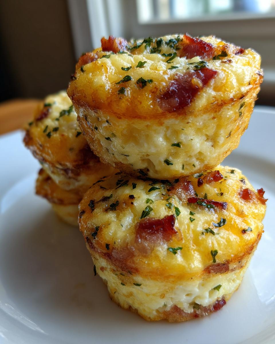A close-up stack of three golden brown bacon and cheese egg bites, topped with chopped parsley.