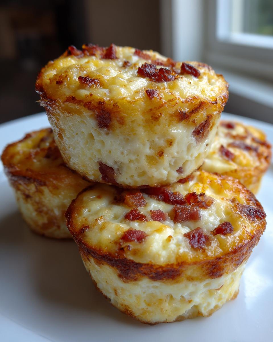 A stack of three golden-brown bacon and cheese egg bites served on a white plate.