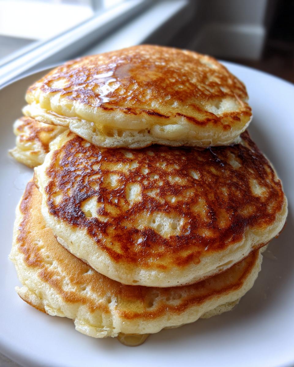 Close-up of a stack of three golden brown, fluffy pancakes drizzled lightly with syrup.
