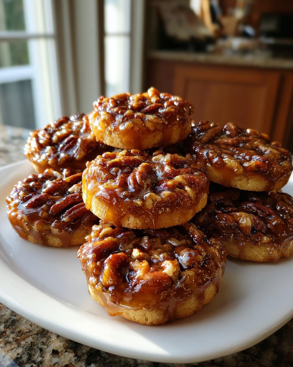 A stack of rich, gooey pecan pie cookies topped with caramelized pecans, sitting on a white plate.