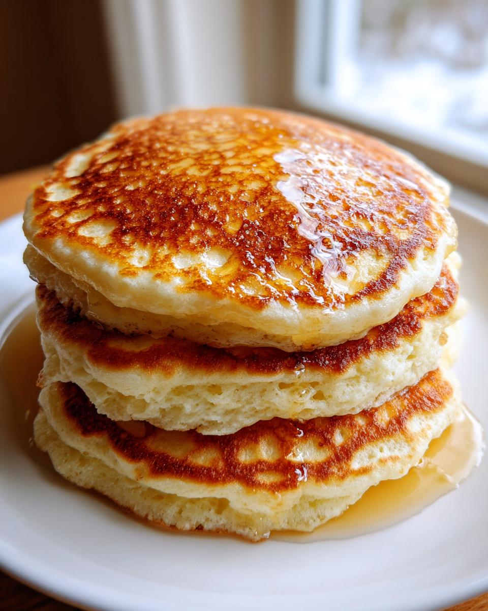Close-up of a tall stack of three golden brown fluffy pancakes drizzled with syrup.