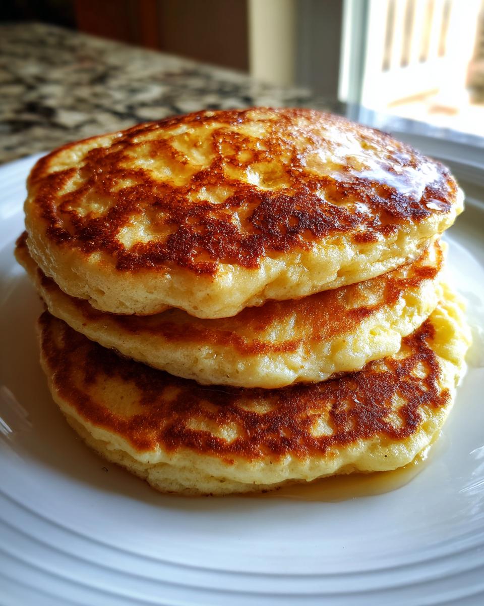 A close-up of three golden brown, fluffy pancakes stacked high and drizzled with syrup on a white plate.