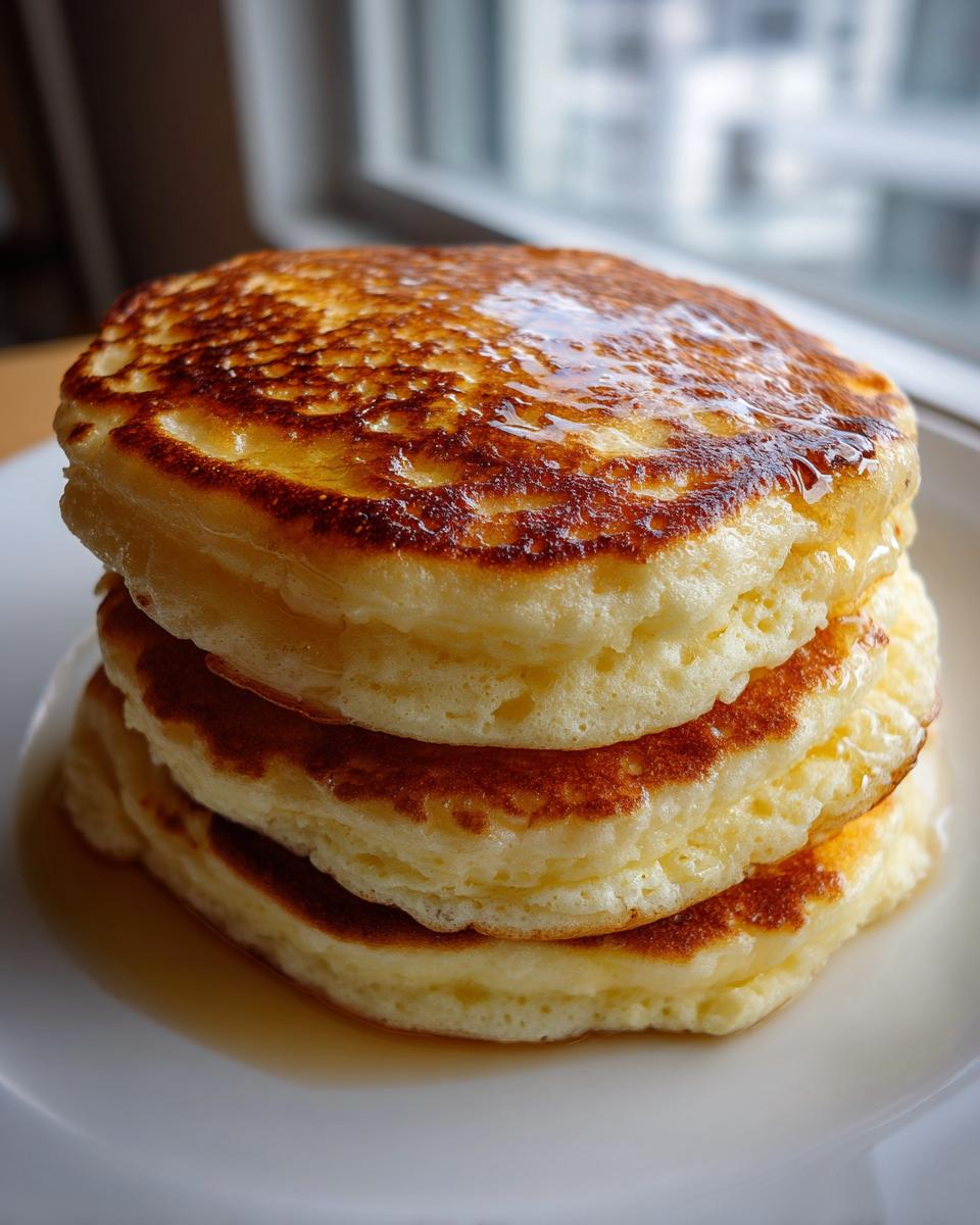 A tall stack of three golden-brown, fluffy pancakes drizzled with syrup, ready to eat.
