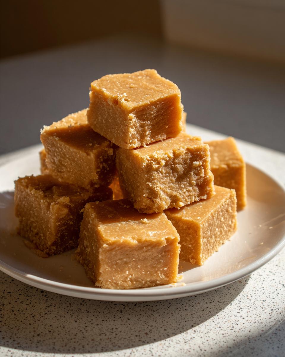 A stack of square pieces of rich, light brown penuche fudge piled on a white plate.