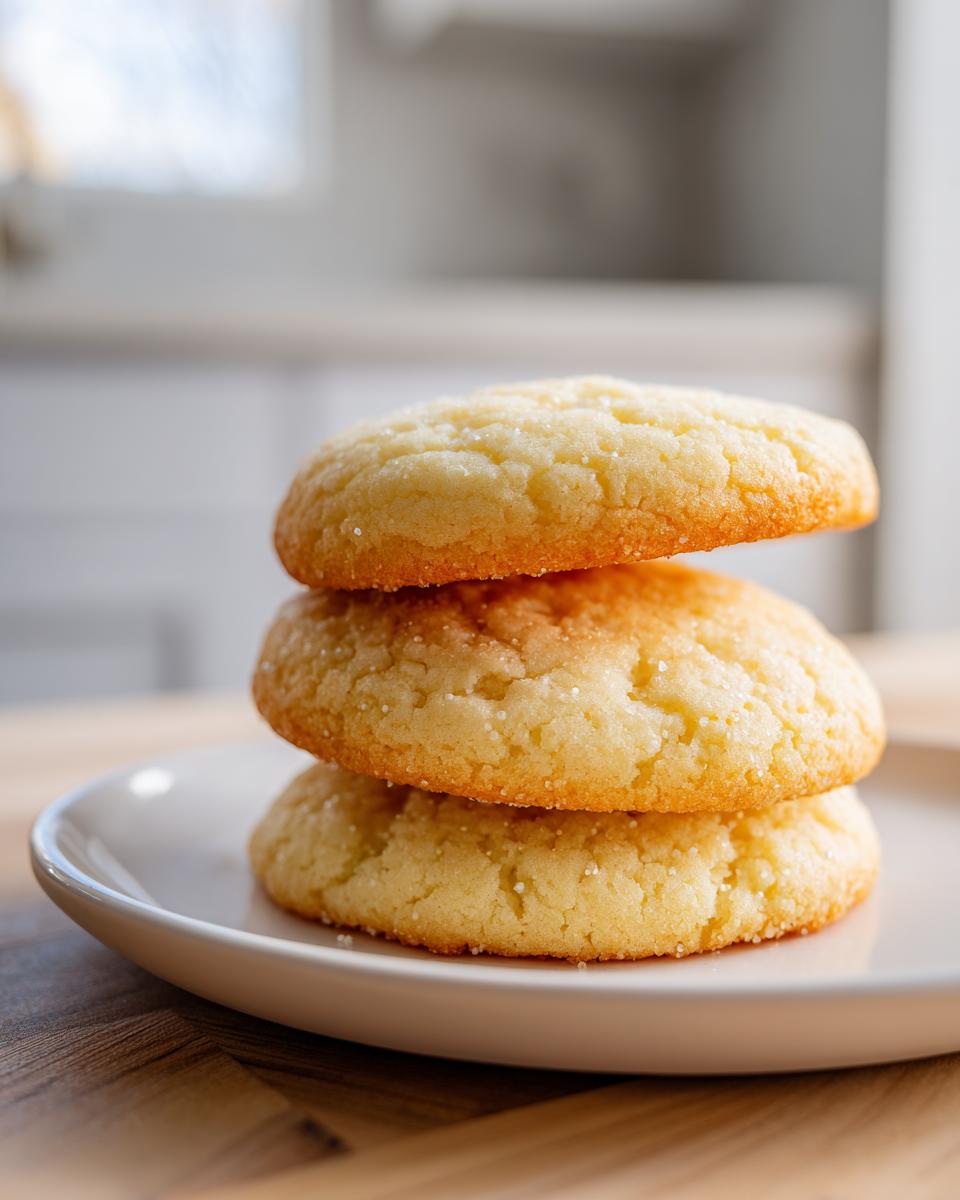 A vertical stack of three perfectly round, golden-brown sugar cookie rounds sprinkled with coarse sugar.