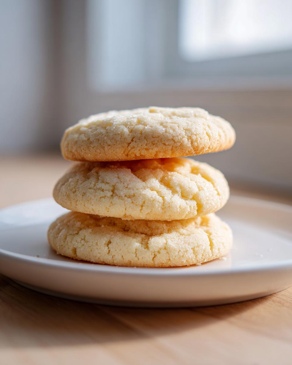 A stack of three perfectly round, slightly crinkled sugar cookie rounds dusted with sugar on a white plate.