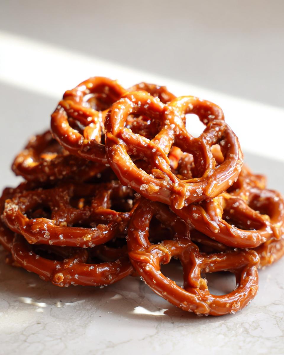 A close-up stack of shiny, glazed toffee pretzels sprinkled with coarse sugar crystals.
