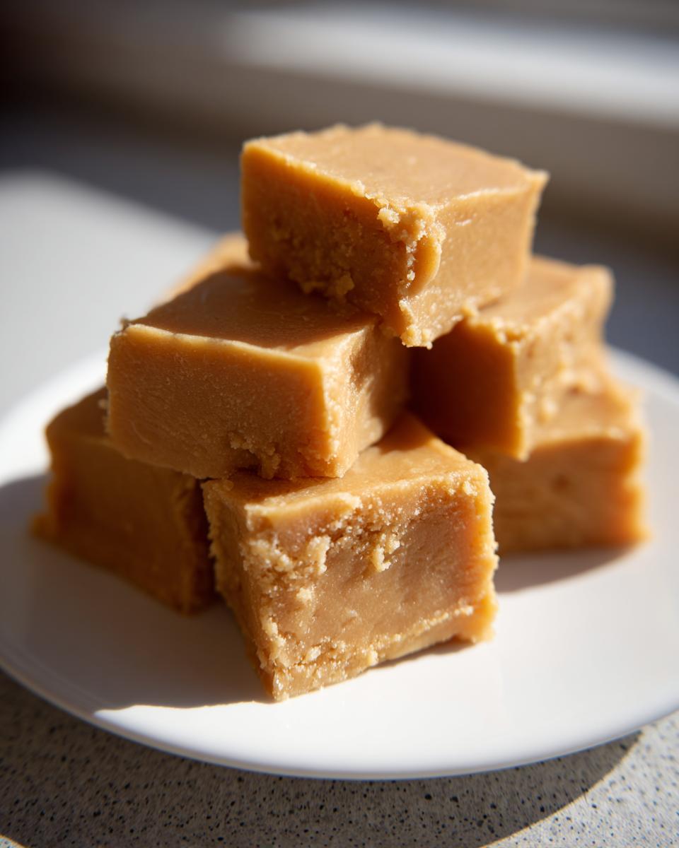 A stack of creamy, light brown penuche fudge squares resting on a white plate, bathed in sunlight.