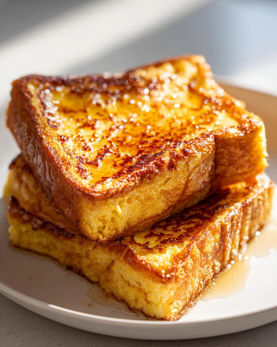 Close-up of a stack of three thick slices of golden brown protein french toast drizzled with syrup.