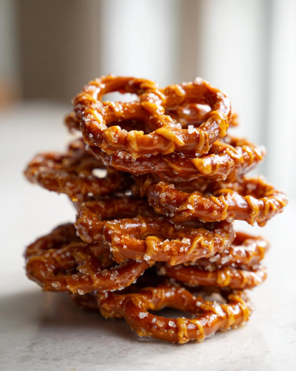 Close-up of a stack of crunchy pretzels coated in shiny toffee and sprinkled with coarse salt, perfect for toffee pretzels.