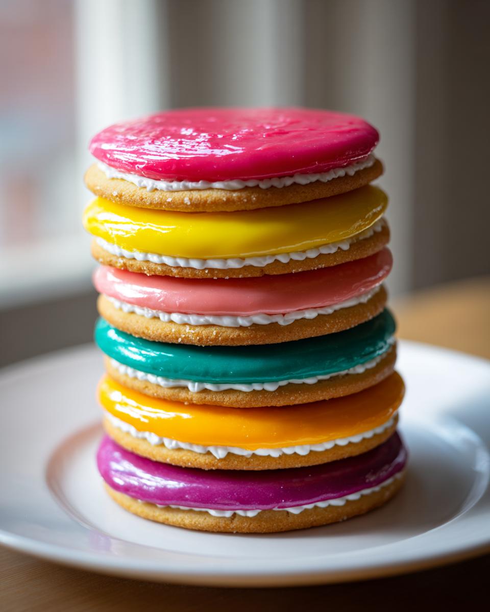 A tall stack of six round sugar cookies layered with white frosting and brightly colored, glossy cookie icing.