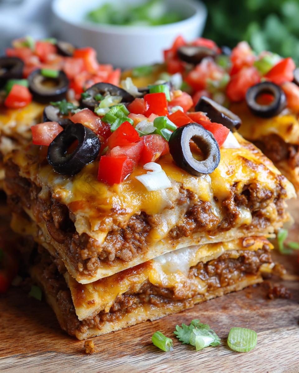 Two stacked slices of Mexican pizza layered with seasoned ground beef, melted cheese, tomatoes, and black olives.