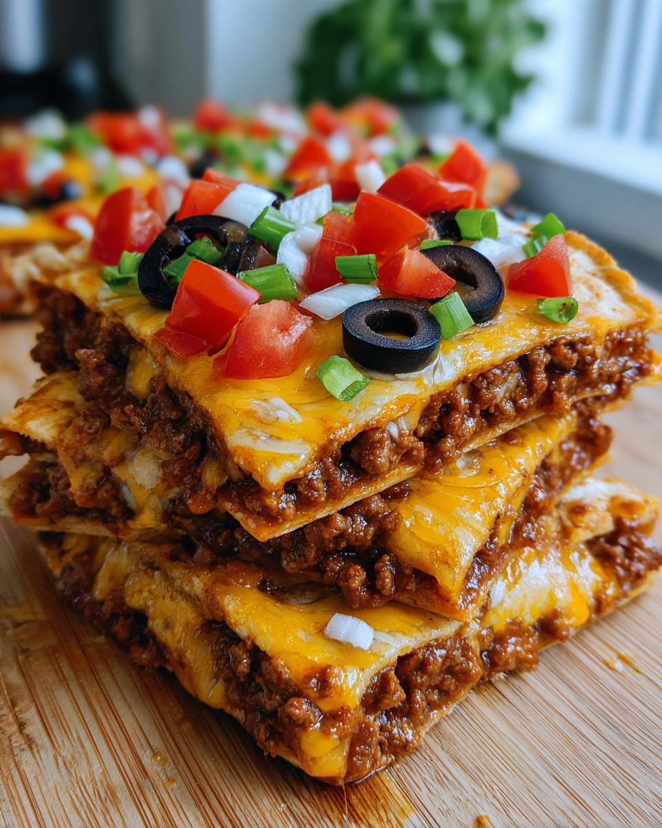 Close-up of stacked slices of Mexican pizza layered with seasoned beef, melted cheese, tomatoes, olives, and onions.