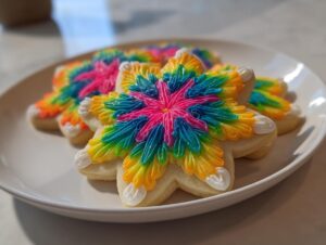 Close-up of star-shaped sugar cookies decorated with vibrant, piped rainbow icing made from the 5 minute sugar cookie icing recipe.