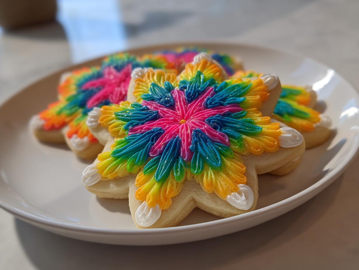 Close-up of star-shaped sugar cookies decorated with vibrant, piped rainbow icing made from the 5 minute sugar cookie icing recipe.